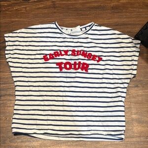 Zara Girls Striped T-Shirt with Red 'Early Sunset Tour' Text